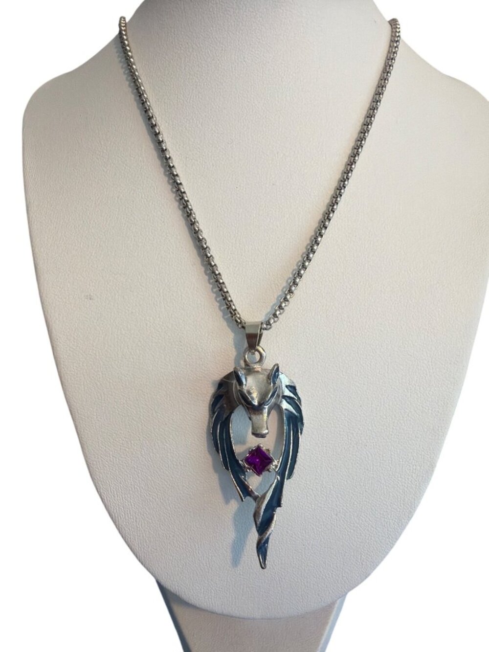 Wolf Head Pendant Necklace Silver Tone Purple Rhinestone Blue Enamel Wings 24"